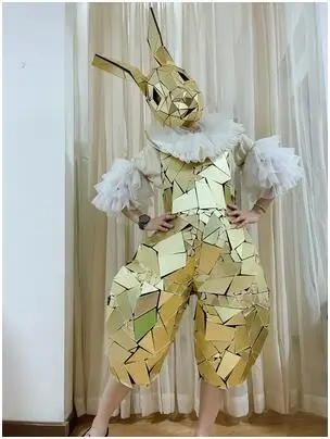 Gold rabbit mirror costume Stage show MEN WOMEN halloween party cosplay costumes Silver mirror performance suit Animal performan