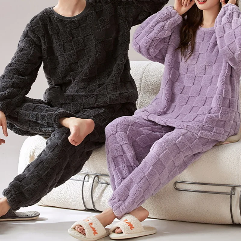 Conjunto bordado a cuadros de lana Coral para mujer, pantalones largos, ropa de dormir gruesa de manga larga, ropa holgada para el hogar, conjunto cálido, Otoño Invierno