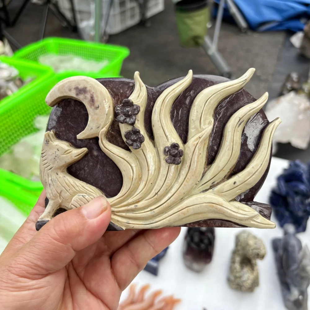 Natural Purple Soapstone Nine Tailed Fox with Moon & Flower Carving, Hand Carved Crystal Fox Figurine, Healing Stone Statue Gift