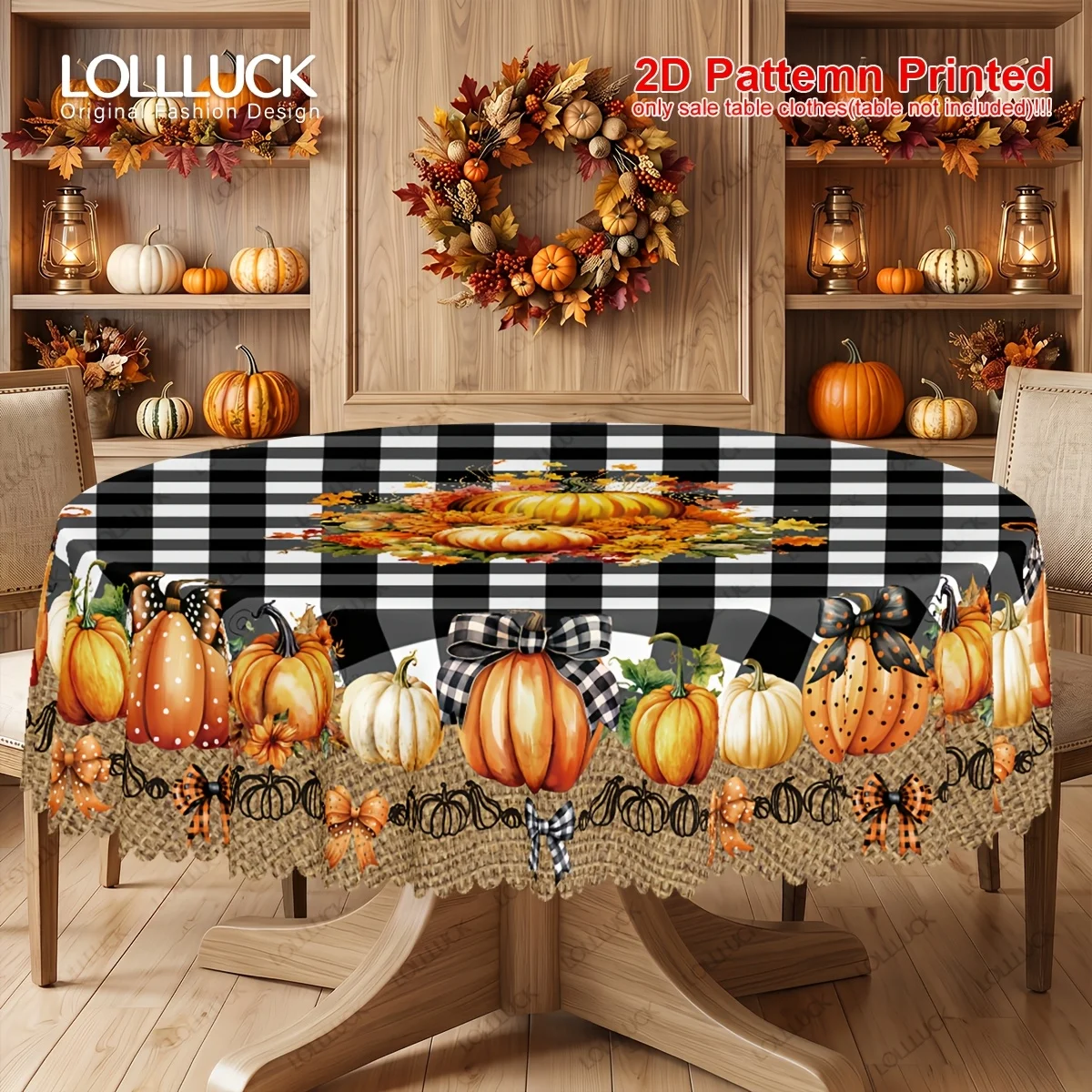 One round polyester tablecloth - Thanksgiving harvest theme with pumpkin, sunflower and maple leaf pattern.zyc