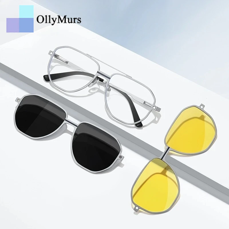 

OLLYMURS Fashion Pilot Polarized Magnetic Clip-On Glasses Men Anti-UV Small Optical Prescription Eyeglasses Frame Women 7037