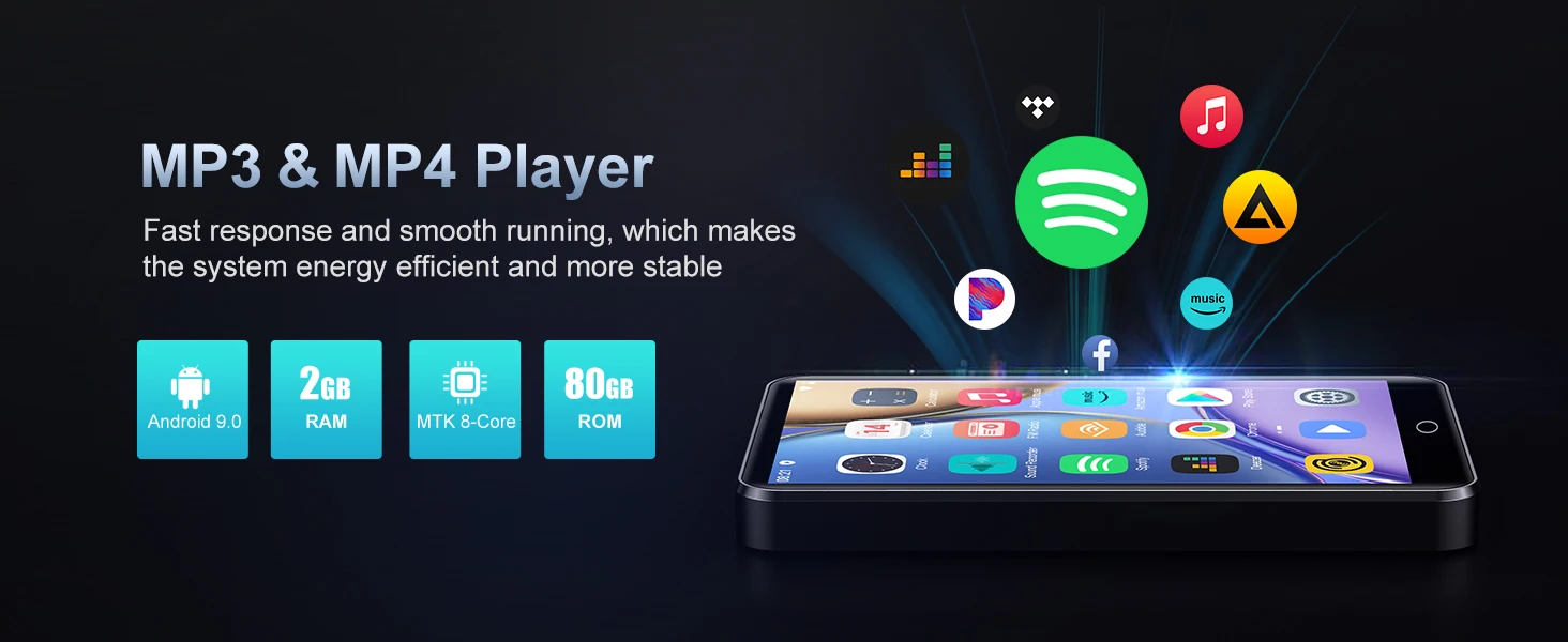 16GB/80GB MP3 Player Android 9.0 with Bluetooth and WiFi, 4.0-inch with speakers, FM radio, eBooks, capacity up to 512GB