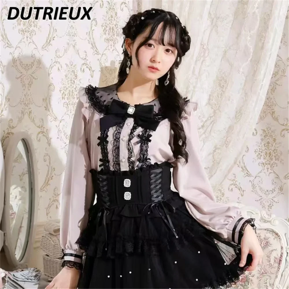 Women's Tops Lolita Japanese Style New Mine Series Spring Autumn Sweet Lady Cute Lace Bow Mass-produced Long-sleeved Shirt