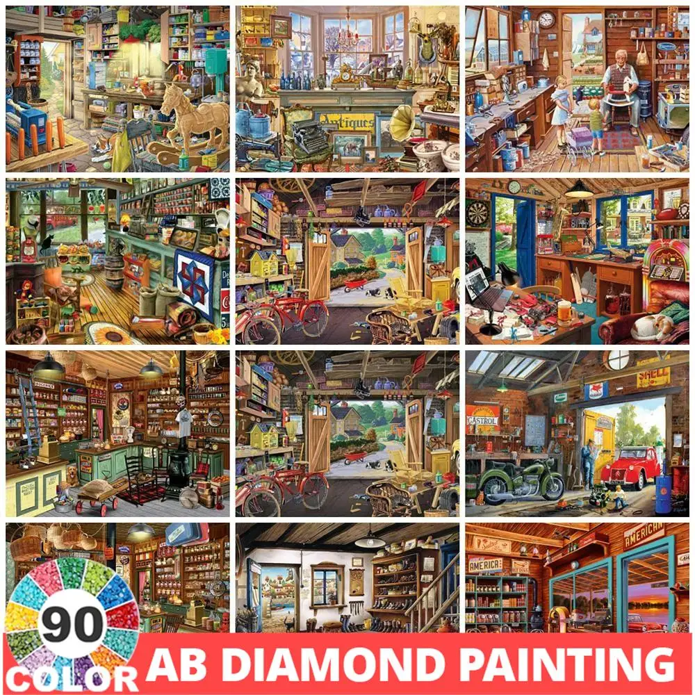 AB 90 Colors Diamond Painting 5D Kits House Embroidery Shop Cross Stitch Landscape Art Hobby Decor Full Drill Wall Stickers