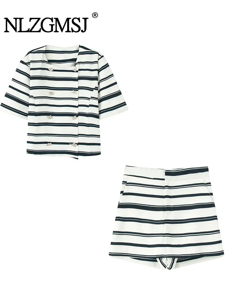 

NLZGMSJ 2025 летние винтажные повседневные шикарные женские костюмы в полоску, двубортные короткие топы, юбки, модные офисные женские костюмы