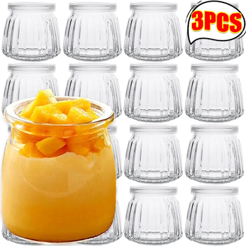 Frascos de yogur con tapas de PE, contenedor de pudín de vidrio transparente, botella de miel, gelatina de especias, leche, almacenamiento de cocina para el hogar, Mini taza, 3/1 Uds.