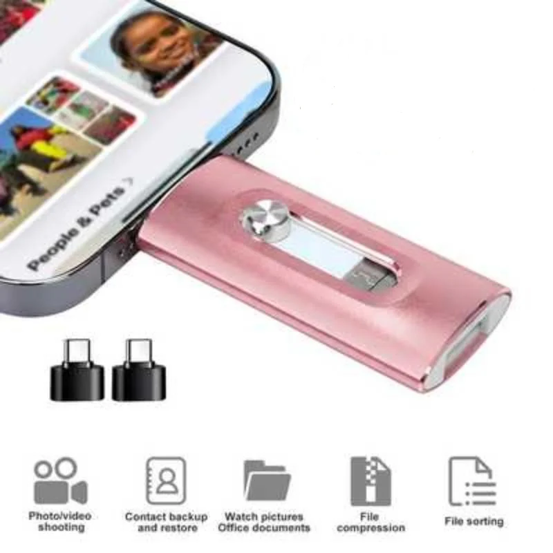 4-in-1 Flash Drive for iPhone & Type-C & Android & PC, High-Speed USB 3.0 External Storage 64GB-1TB, Memory Stick Pen Drive