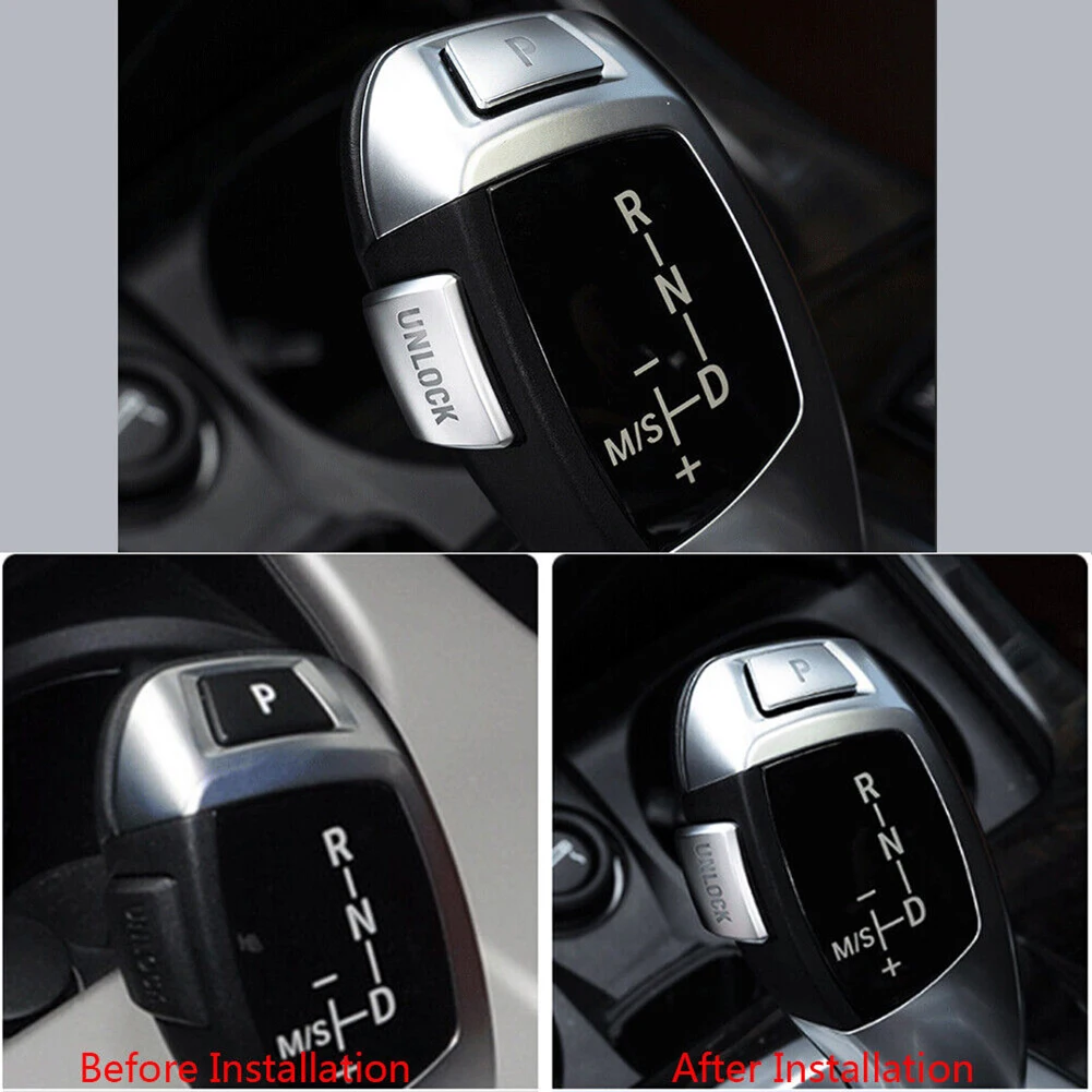 2pcs For BMW X6 E70 E71 X3 1 2 3 4 5 7 Silver Aluminum Gear Shift Knob P&UNLOCK Button Cover Car Button Sticker Trim Accessories