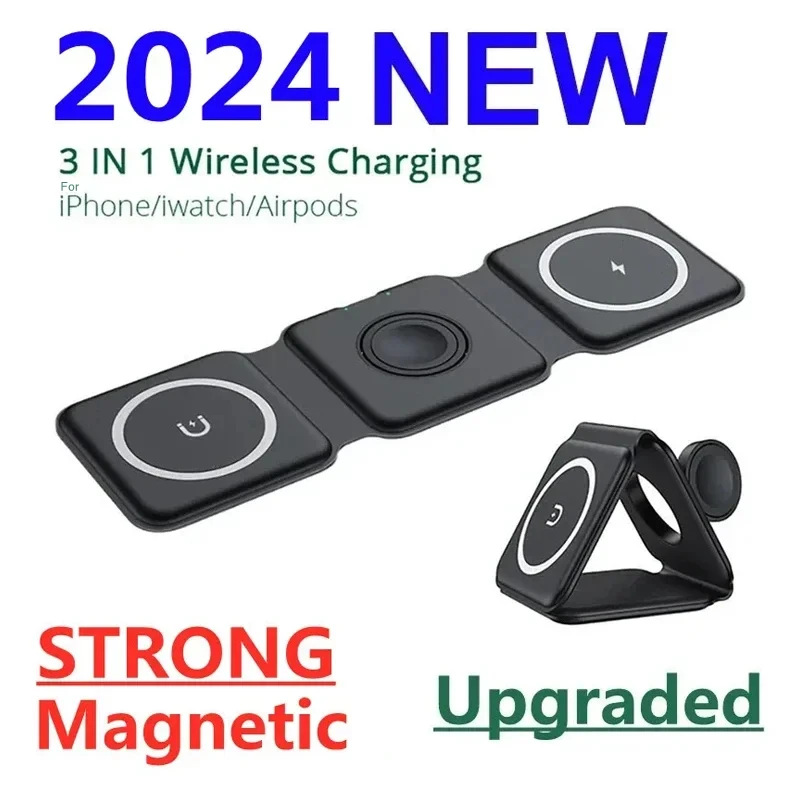 3 In 1 Magnetic Wireless Charger Pad Stand Foldable for iPhone 15 14 13 12 11 Apple Watch AirPods Pro Fast Charging Dock Station