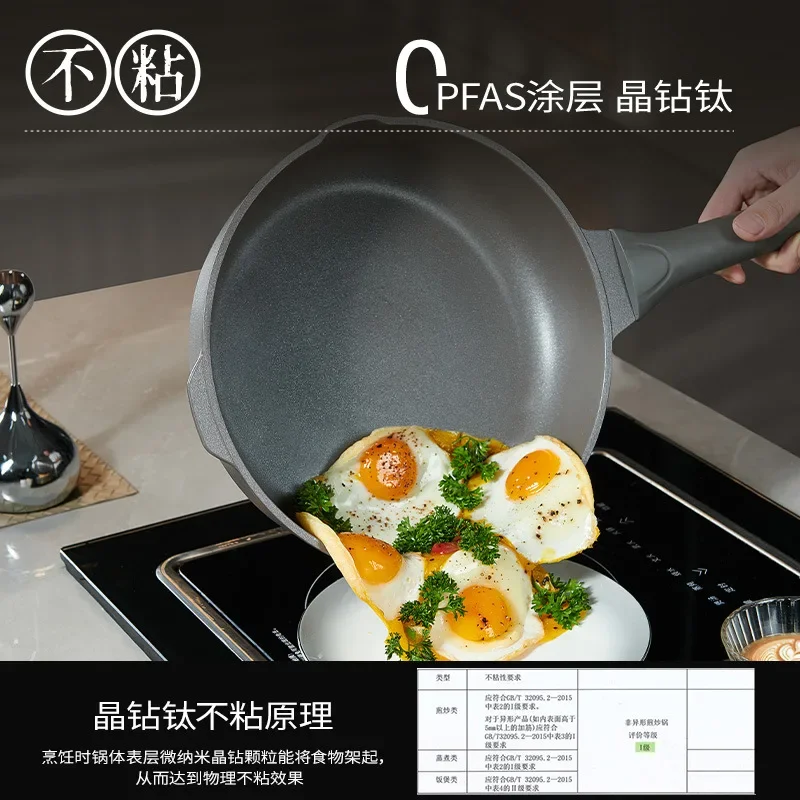 Deepening Titanium Flat Bottomed Wok Pan Household Style Steak Tried Eggs Stir-fry Special For Gas Stoves Induction Cookware G