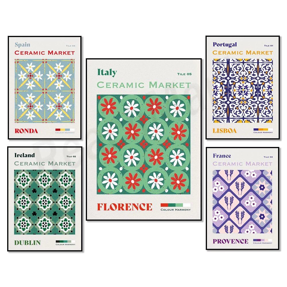 Spain, Italy, Portugal, Ireland, France Tile Market Canvas Print Poster, Travel Poster Wall Decor