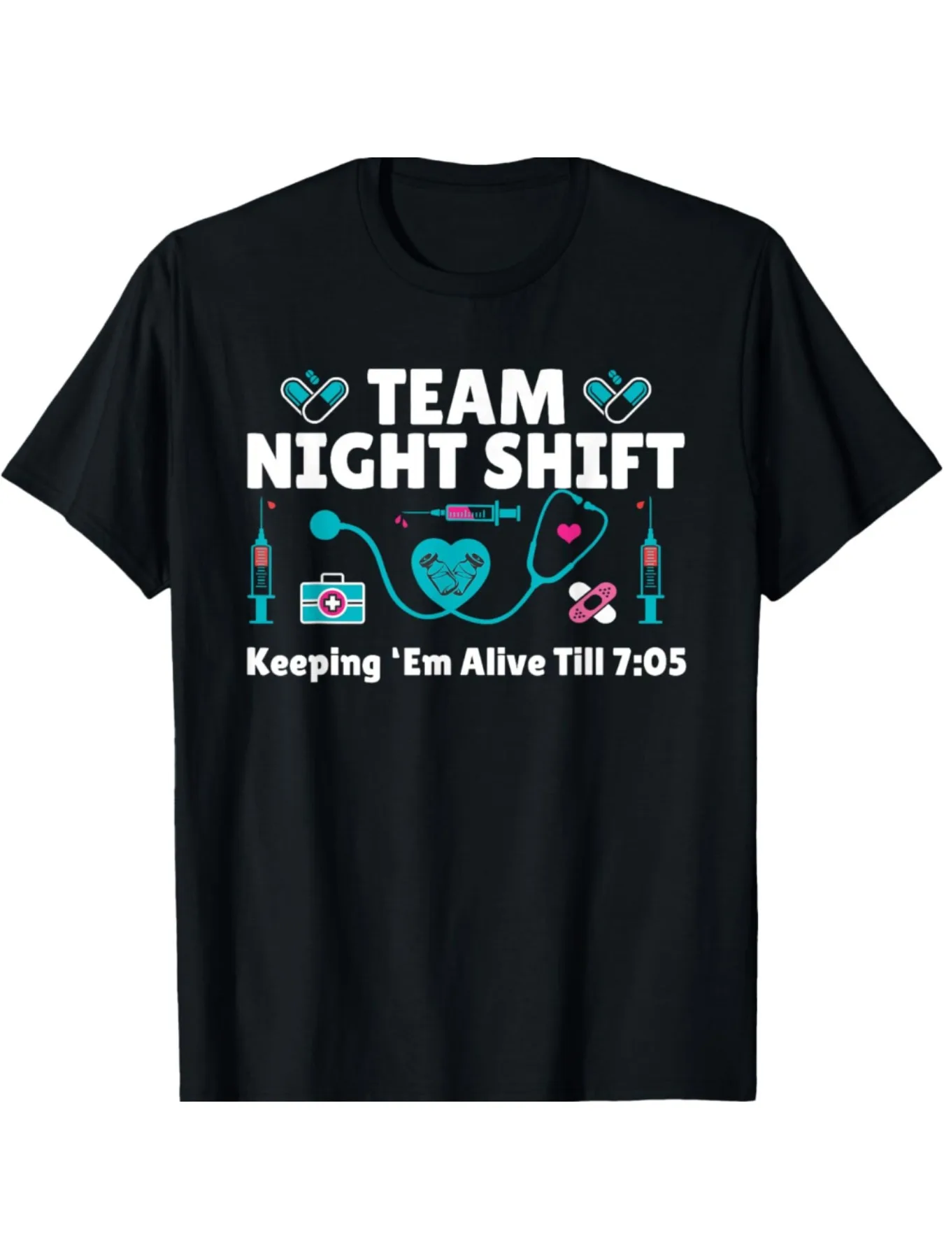 

Team Night Shift Nurse Practitioner Humorous T-Shirt, 100% Cotton, Crew Neck, Slight Stretch, Geometric-Pattern Knit Fabric