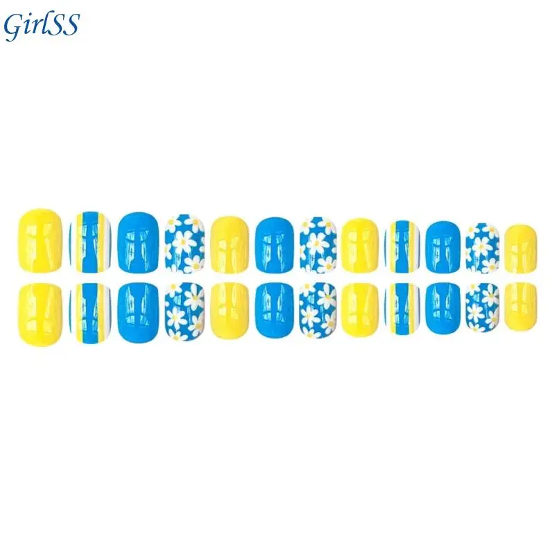 24 قطعة أظافر صناعية بلون سادة قصيرة مربعة الضغط على أظافر الزهور أظافر صناعية T4MB