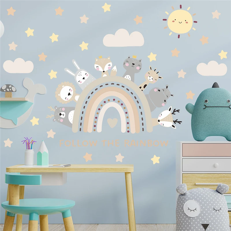 Funny Animals With Star Cloud Sun Rainbow Wall Stickers For Kids Bedroom Decoration Diy Animals Mural Art Home Decals Pvc Poster