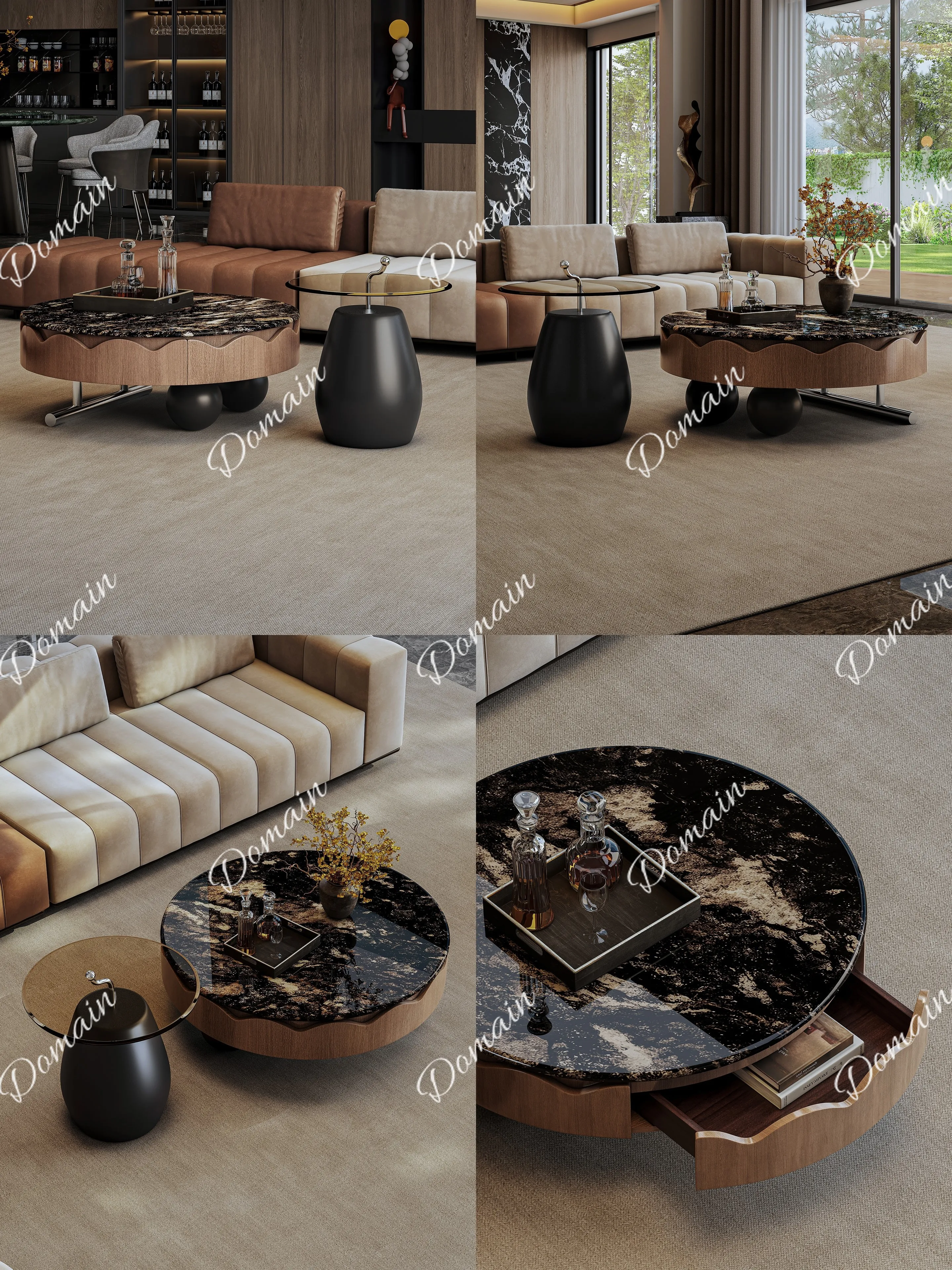 Natural Luxury Stone Coffee Table Set for Living Room Small Space Round Storage Side Table