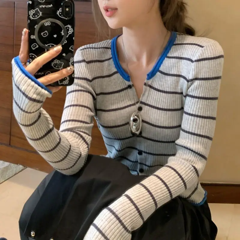 컬러 블록 스트라이프 니트 가디건 여성 슬림 캐주얼 스웨터 코트