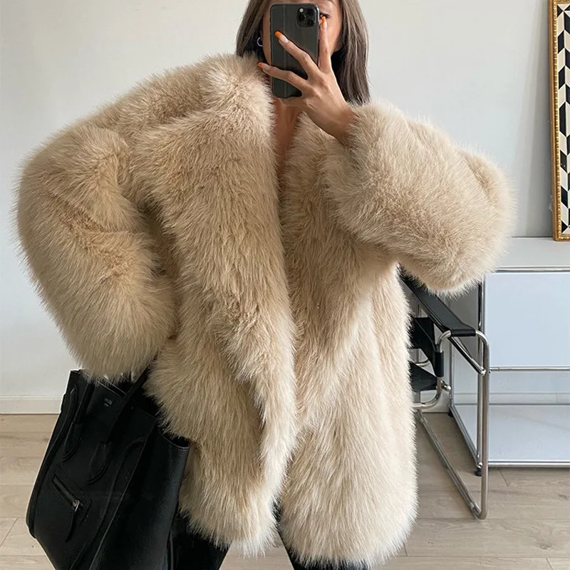 Women Faux Fur Jacket Fox Fur Coats Winter 2024 Korea Suit Collar Casual Loose Pink Female Thick Warm Overcoat Furry Clothes