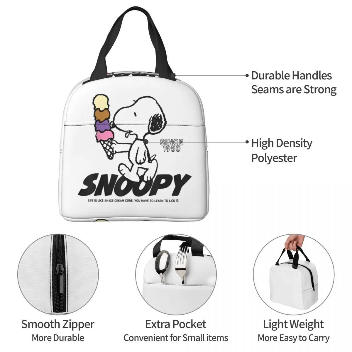 Snoopy Ice Cream Cone borsa termica per il pranzo borsa termica riutilizzabile Cartoon Portable Tote Lunch Box Food Bag Beach Picnic