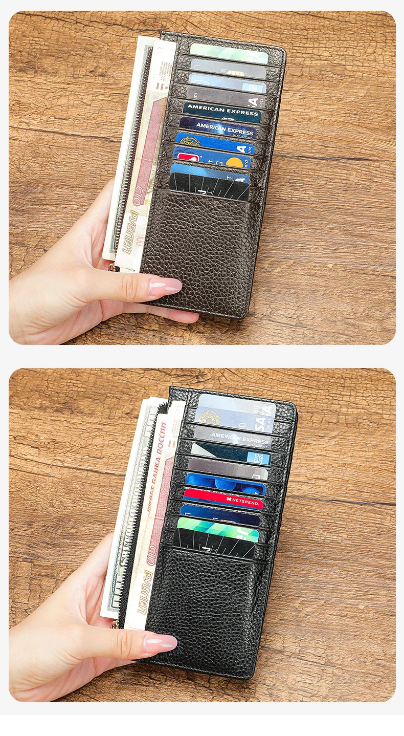 Leren damesportemonnee Lange Japanse kaarttas met meerdere kaarten Toplaag koeienhuid ritszakje Lange damesportemonnee