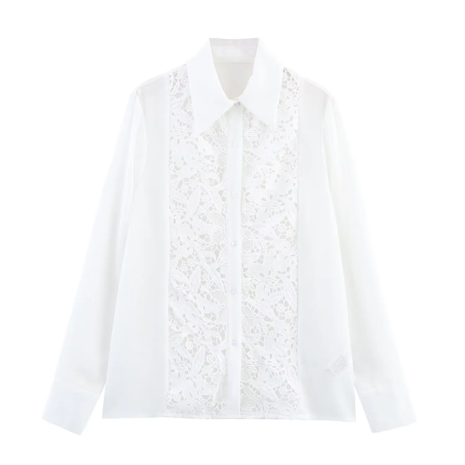 

Women's Summer Casual Fashionable Open-Weave Lace Patchwork Shirt with Embroidery Sheer Fabric Design for Stylish Look