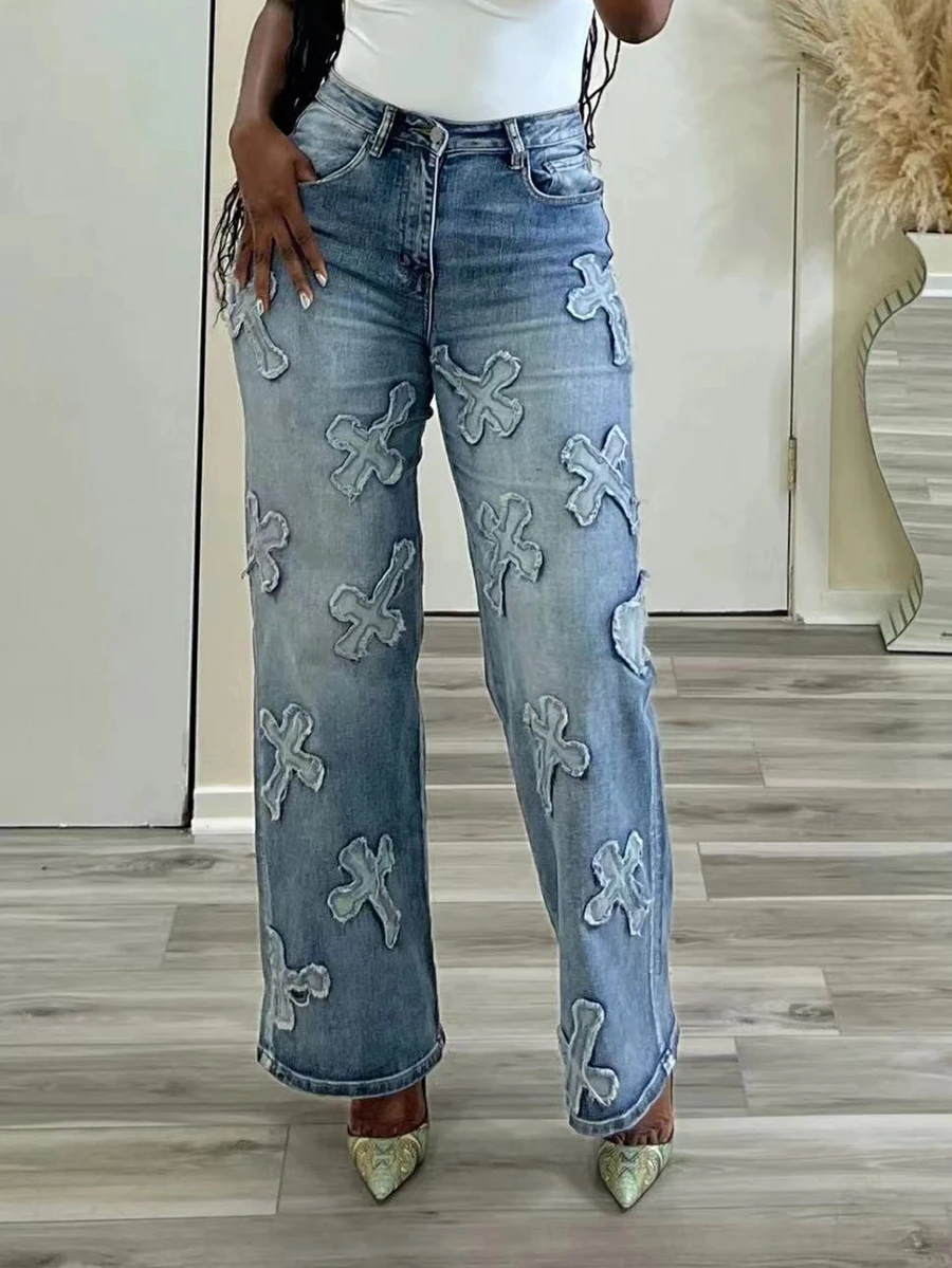 Women\'s Fashion Spring and Autumn New Vintage Washed Denim Tassel Cross Hip-hop Straight Leg 9-inch Pants