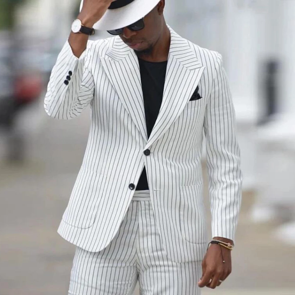 

Classic Suits Men Vertical Stripes Jacket Pants 2 Piece Sets Single Breasted Groom Blazers Customized Groom Daily Wedding Tuxedo
