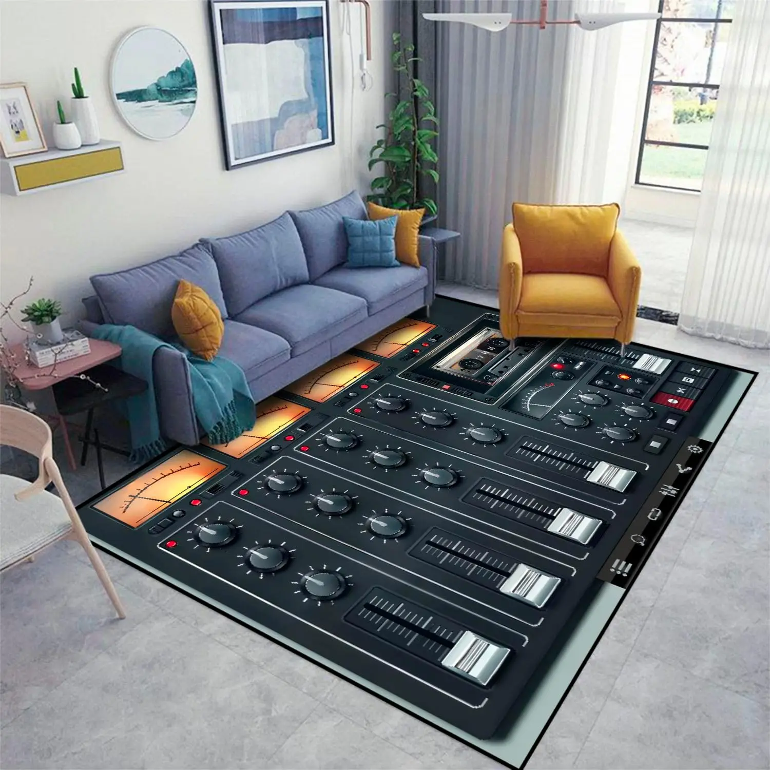 Console de mixage audio vintage avec boutons, faders et lecteur de cassettes réalistes pour studio de musique