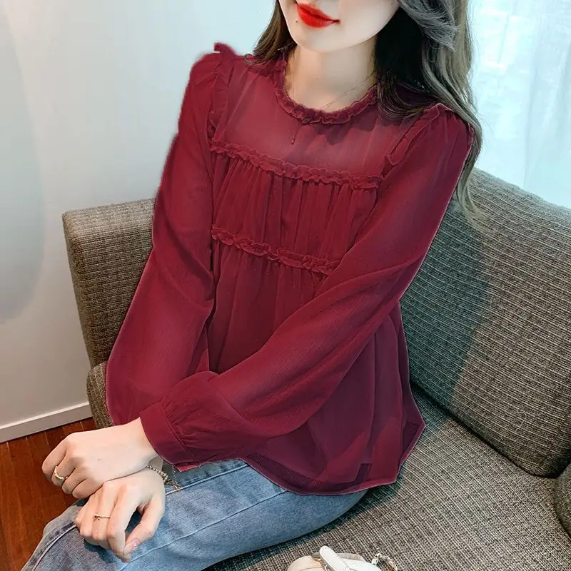 Female Casual All-match Solid Color Round Neck Chiffon Shirt Autumn Korean Folds Spliced Long Sleeve Blouse Women's Clothing