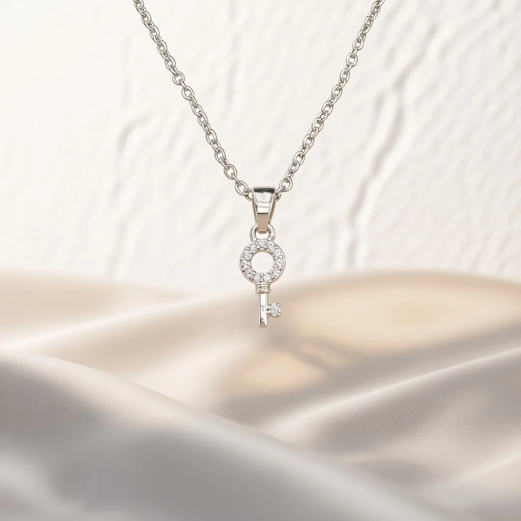 Sparkling Polished Faceted Key Shape Pave Clear Zircon Pendant Necklace Minimalist Daily Wedding Party Jewelry Gifts For Women