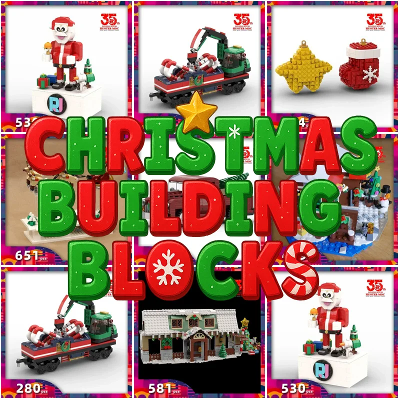 

2025 Christmas Village Building Blocks - Train Motor Kit, Sleigh, Reindeer, Gingerbread Santa's Stockings