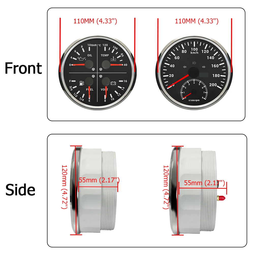 ELING 110mm 4 in 1 Oil Pressure Water Temp Fuel Level Voltmeter Gauge + 0-200km/h GPS Speedometer with 8000RPM Tachometer 12V