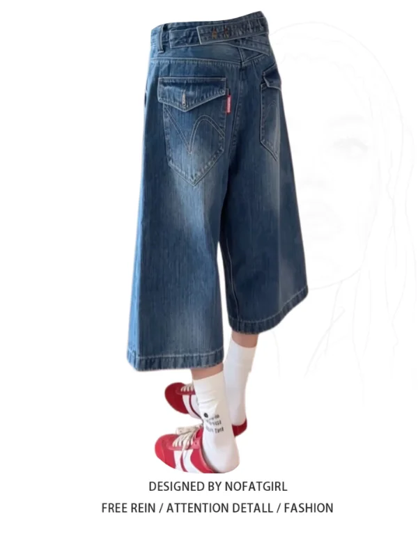 

plus Size Women's American Style Bamboo Node Paris Button Seven-Foot Jeans High Waist Straight Leg Summer Fashionable Shorts
