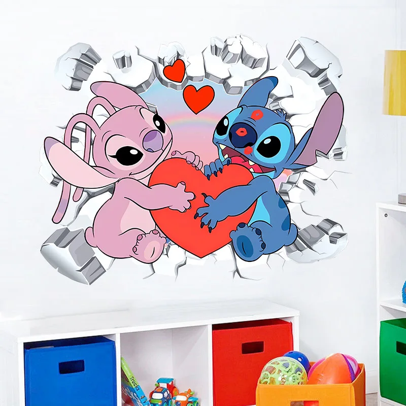 Cute Stitch Disney Wall Stickers Cartoon 3D Broken Sticker Children Room Decoration Kawaii Wall Sticker Mural Posters Kids Gifts