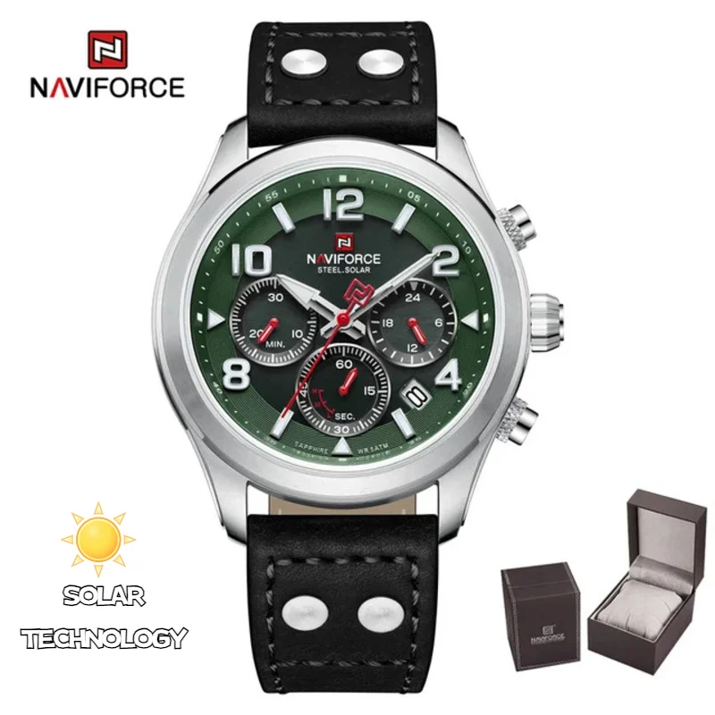 NAVIFORCE-Montres Solaires pour Homme, Montres-Bracelets en Acier Inoxydable, Saphir Shoous, Multifonctionnel, Étanche à la Cuillère, 50m, 1006