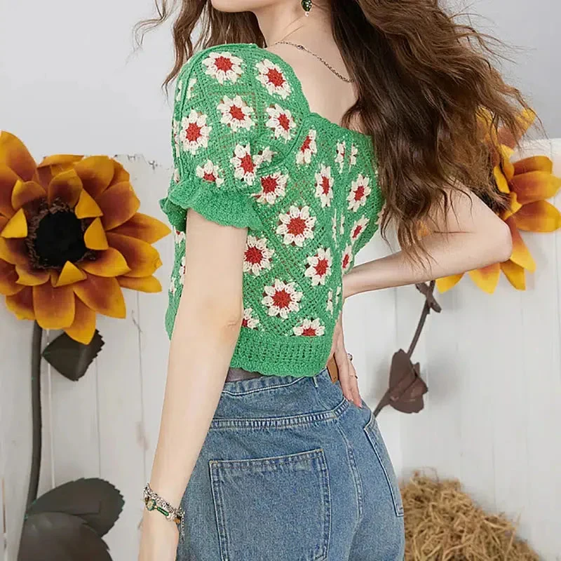 Embroidered Floral Crochet Top Puff Sleeve Square Neck Openknit Floral Crop Blouse Summer Women Teen-girl Fairycore Outfit
