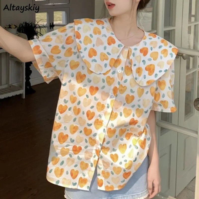 

Loose Shirts for Women Printed Casual Korean Style Summer Tops Lovely Girls Peter Pan Collar Fashion Ins Thin Short Sleeve Niche