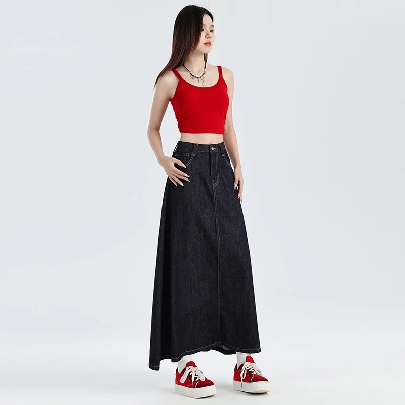 

Womens Long Denim Skirt Casual A-Line Stretch Jean Skirt for Women High Waisted Vintage Denim Maxi Skirt with Pockets Blue