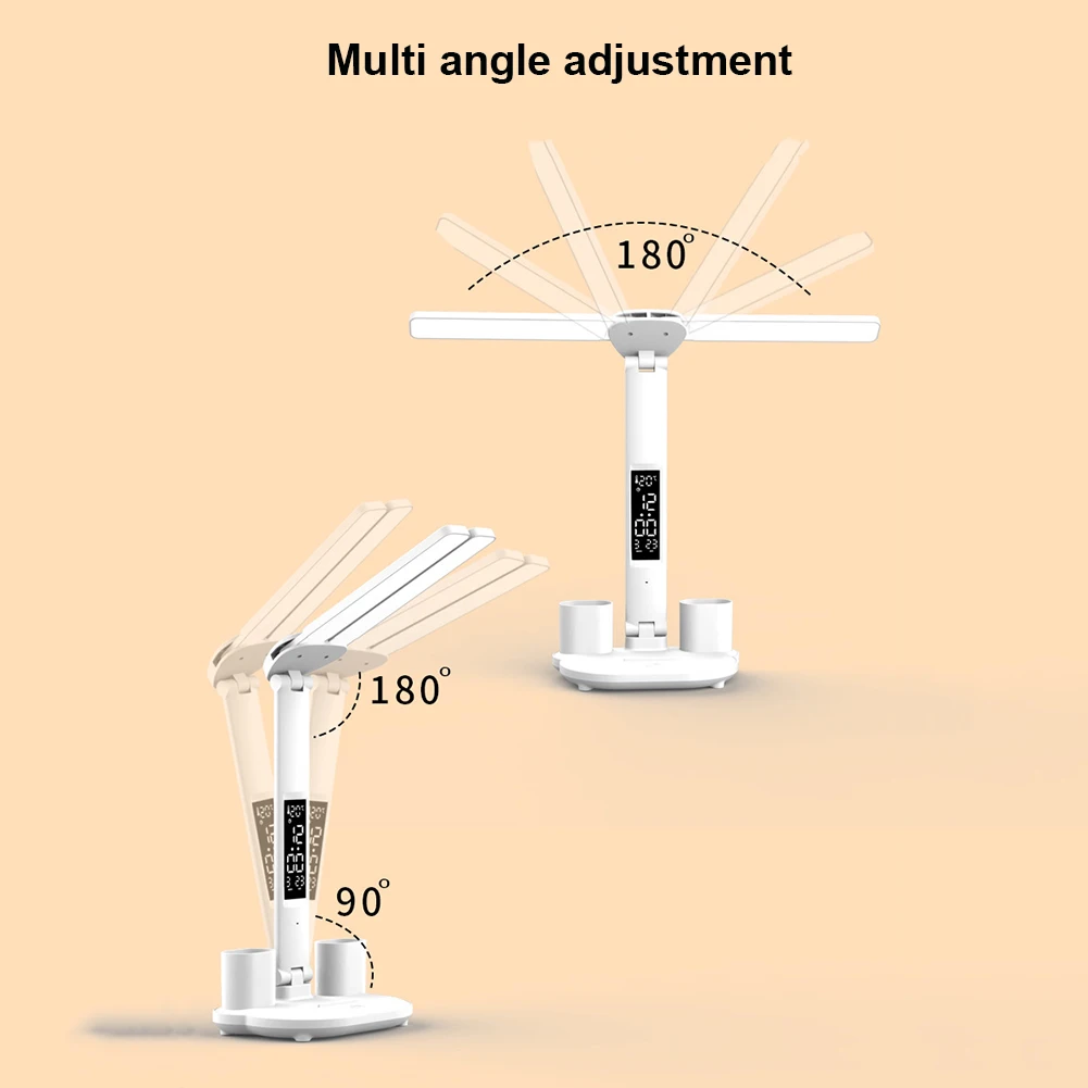 LED Bedside Lamp Adjustable with Calendar Desktop Decor Light Touch Control Reading Desk Lights Penholder for Home Office
