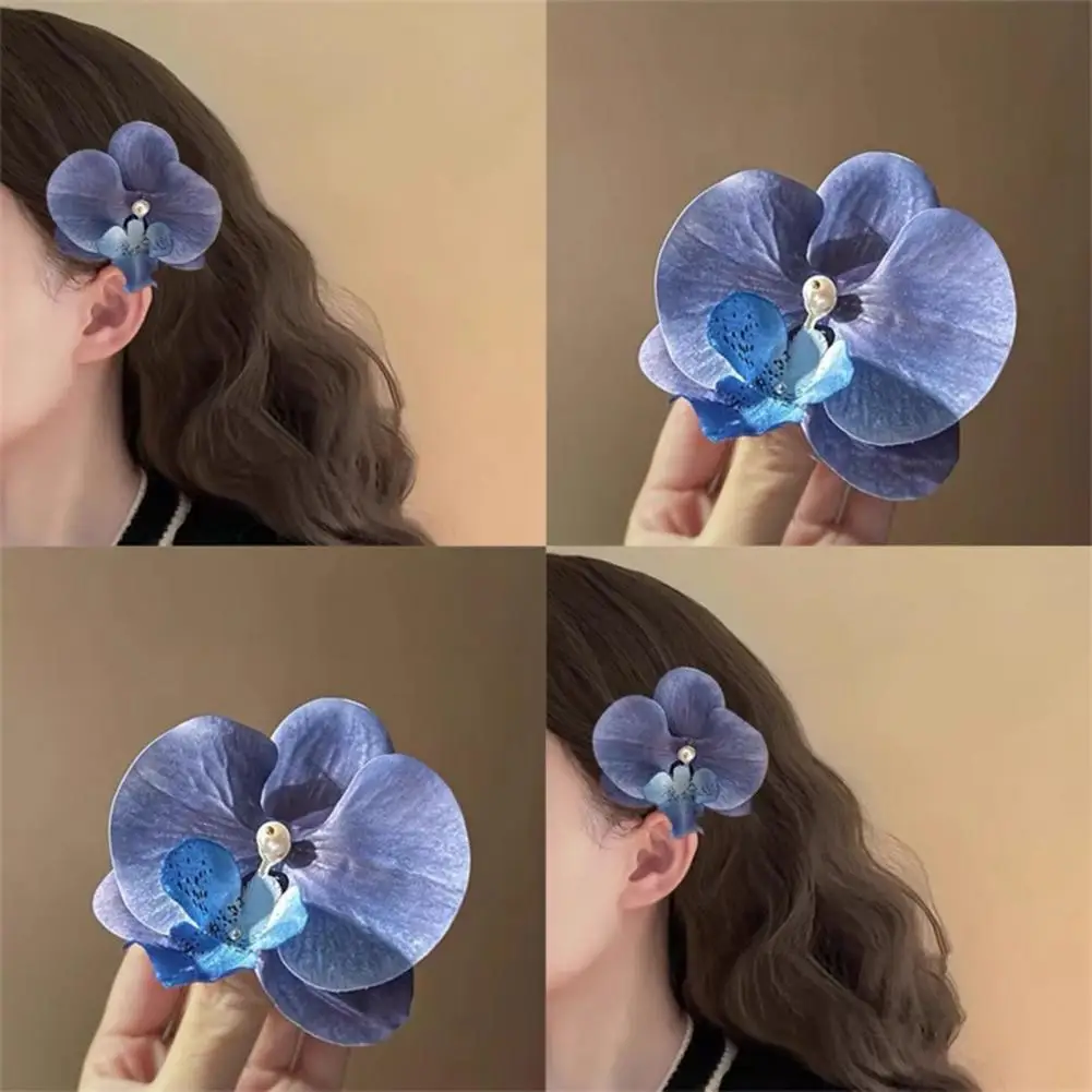 

Floral Design Hair Clip Fabric Flower Hair Clip Bohemian Style Moth Orchid Hair Clip with Faux Pearl Accents for Hawaiian