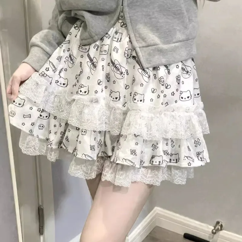 

Y2K Sanrio Hello Kitty Short Skirt Hot Girl Dark Print Cute Lace Girl Summer High Waist Skirt Tutu Skirt Girl Birthday Gift