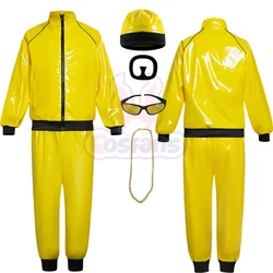 New Men's 90s Rap Singer Costume Yellow Sportswear Black Gang Novelty Adult Fancy Dress Sunglasses Gold Chains Beard Accessories
