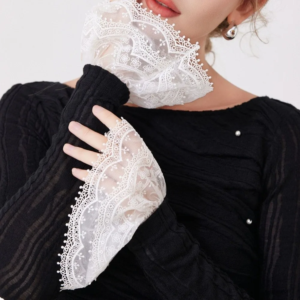 

1pair Elegant Mesh Lace Wrist Horn Cuffs Layered Ruffle Detachable Fake Sleeves Elastic Sweater Decoration