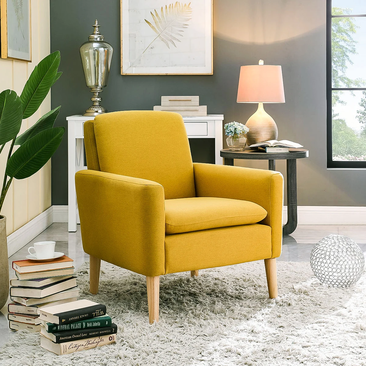 Yellow Fabric Modern Accent ArmChair Single Sofa Bedroom Living Room Upholstered Arm Chair Office Reception Chairs & Wood Legs