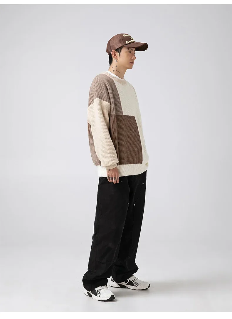 Color block stitching texture pit sweater loose thick needle heavy knitted sweater pullover women