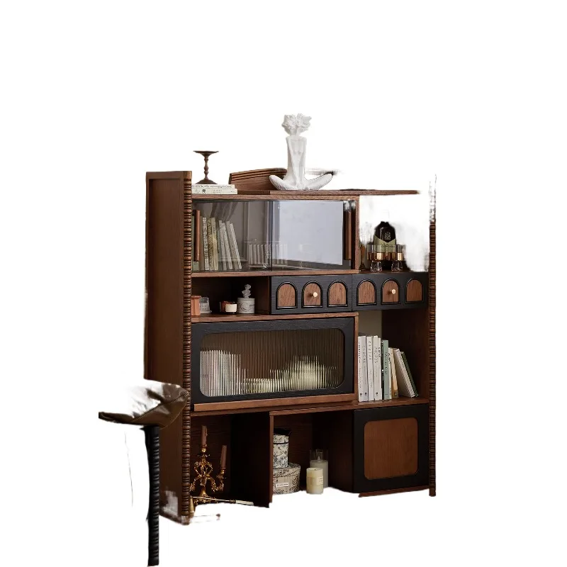 medieval solid wood retractable bookcase, small apartment living room household French dining side cabinet, bedroom integrated