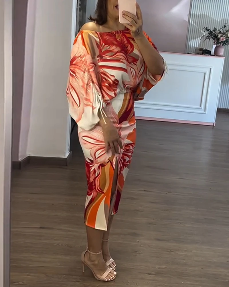 กระโปรงสตรี 2 ชิ้นชุดพิมพ์ลายดอกไม้ปิดไหล่ด้านข้าง Drawstring Crop Top & Casual เอวสูง Bodycon Slit ชุดกระโปรง