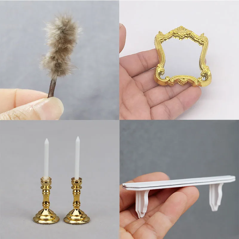 

1/12 4pcs set dollhouse feather duster mirror Candlestick candle model Storage rack Miniature ob11 toy accessories