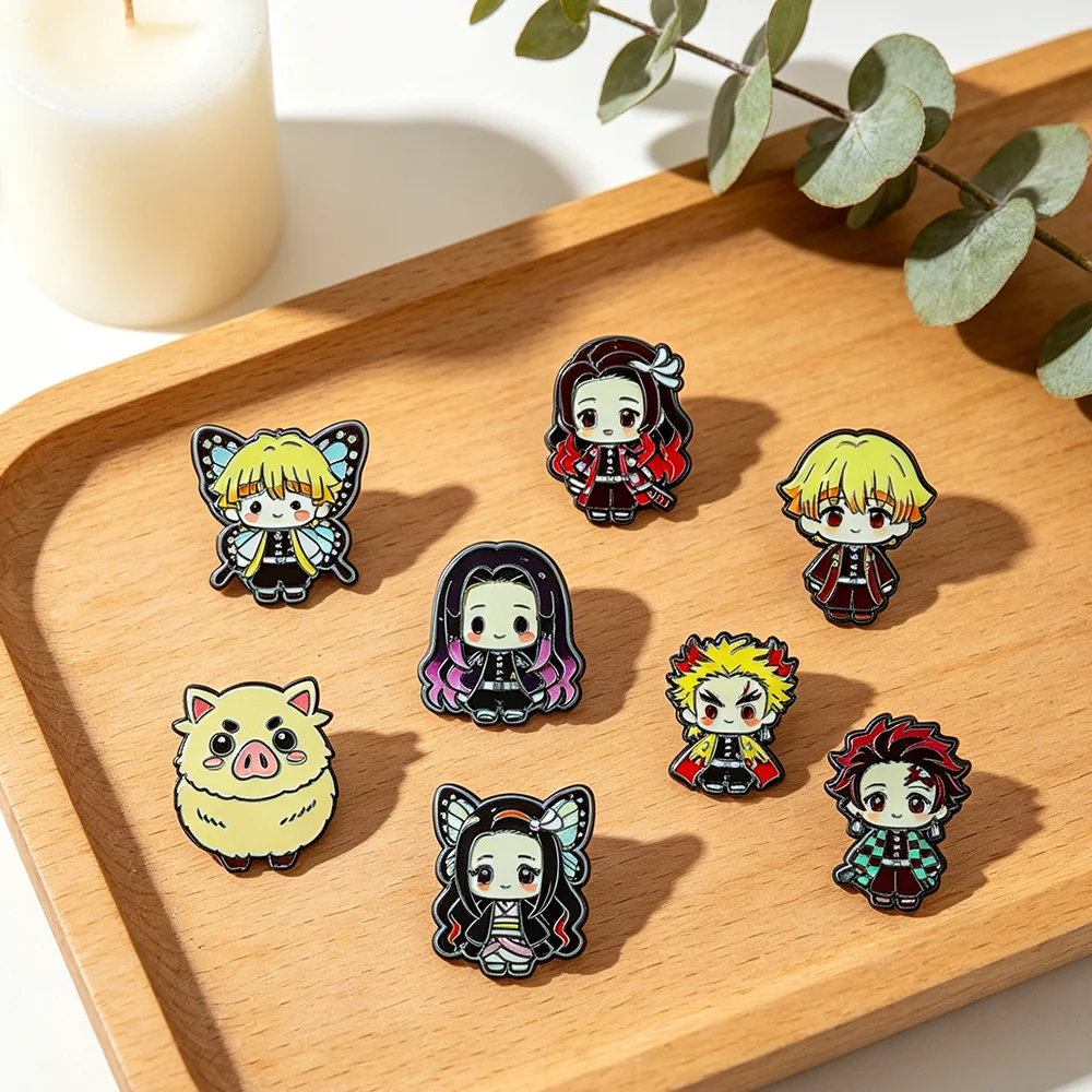 8pcs Demon Slayer Enamel Pin Set Cute Q-Version Anime Character Lapel Brooches for Backpack And Clothing Decor Ideal Anime Fan
