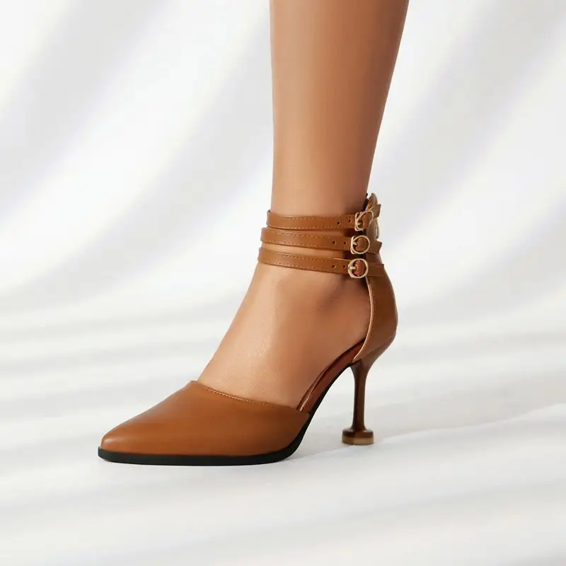 

Новые летние женские босоножки 2024 года с острым носком, на тонком каблуке, с несколькими ремешками и пряжками, сексуальные туфли для вечеринок, с защитой пальцев и задней молнией