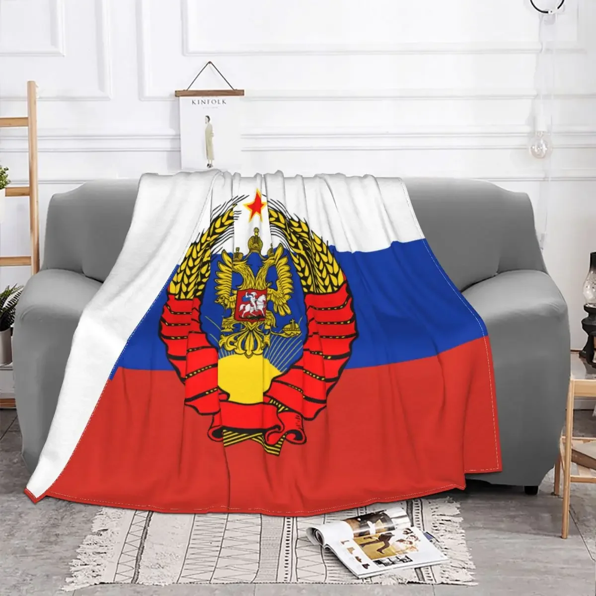Flag of Russia with Soviet Eagle Blanket Soft Fleece Warm Flannel Coat of Arms Throw Blankets for Sofa Travel Bedroom Bedspreads
